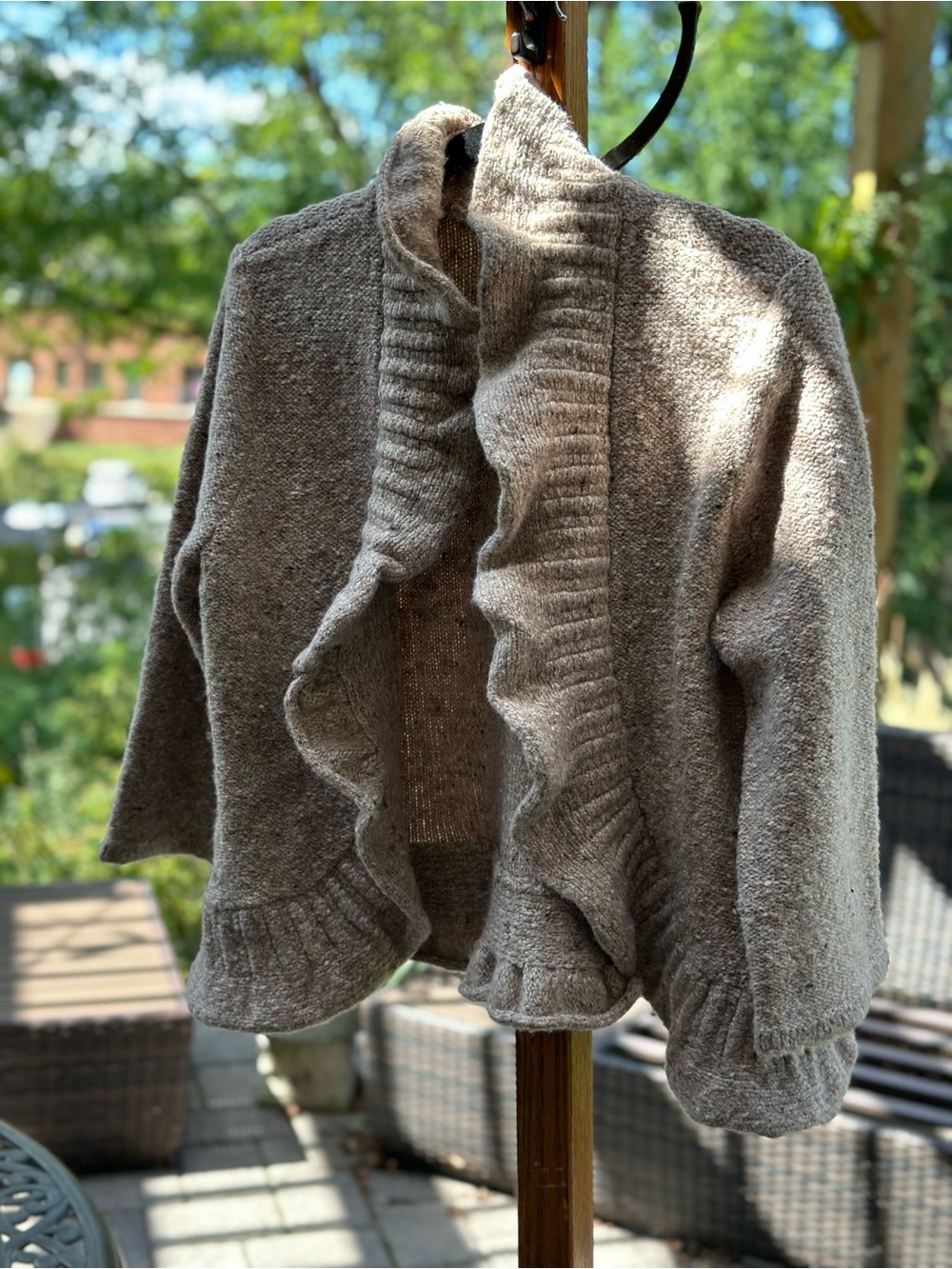 Ruby Rd Ruffle Open Front Cardigan Sweater Taupe Brown Textured Knit Size XL